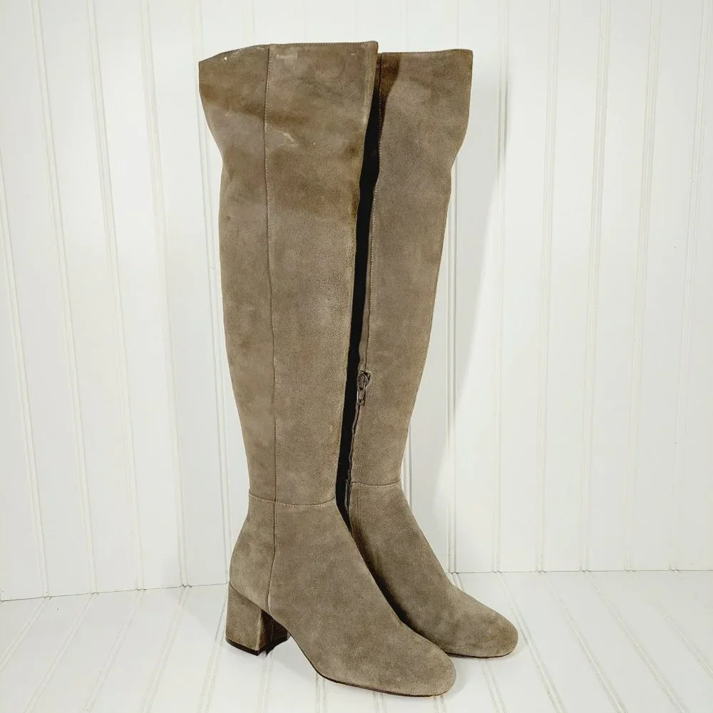 Halogen Over the Knee Taupe Tan Suede Leather Elastic Heeled Tall Boots B156